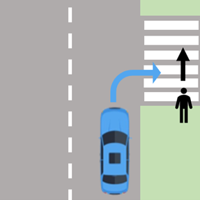 Auto slaat rechtsaf wanneer een voetganger een zebrapad wil oversteken